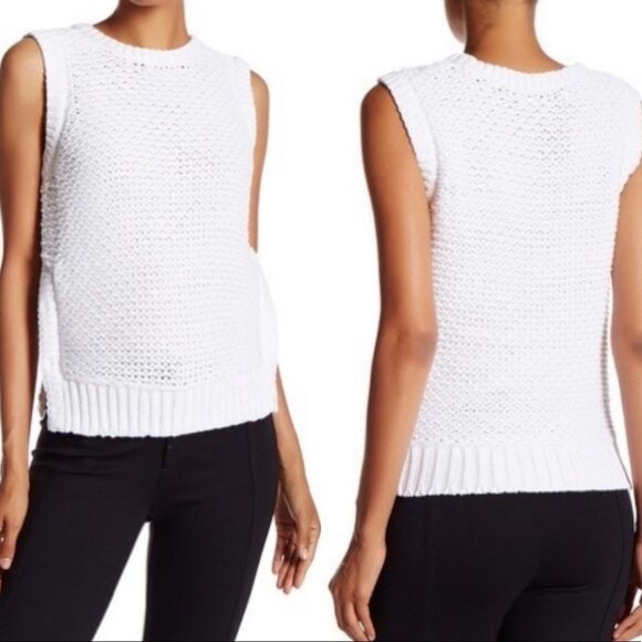 Equipment Femme White Bay Crew Neck Sleeveless Knit Top Size Medium Buttons Boho - Picture 2 of 11